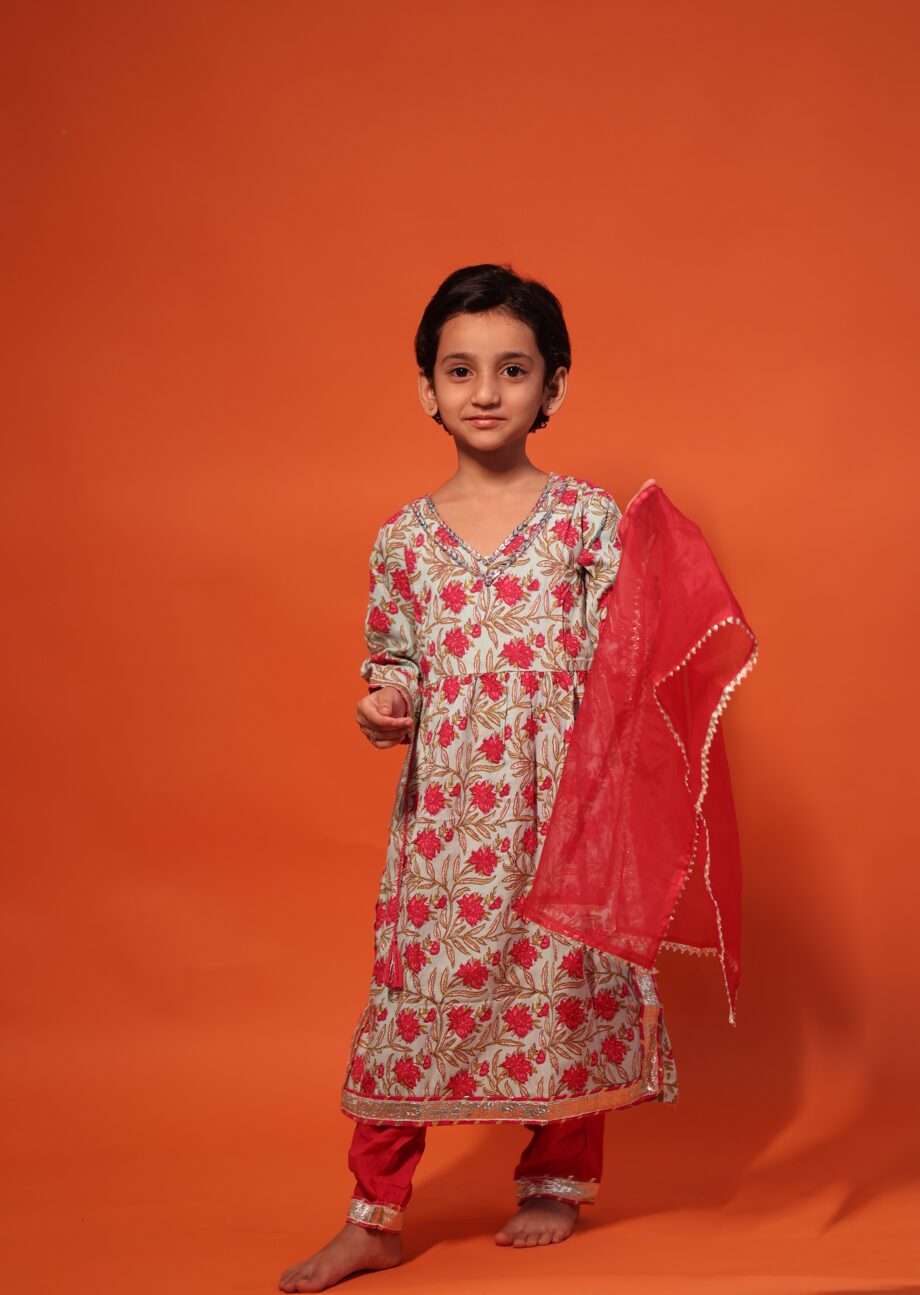 Off-White Floral A-Line Kurta and Pink Pant Set for Girls