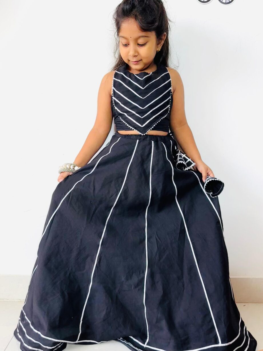 Midnight Elegance black lehenga with white stripes for girls